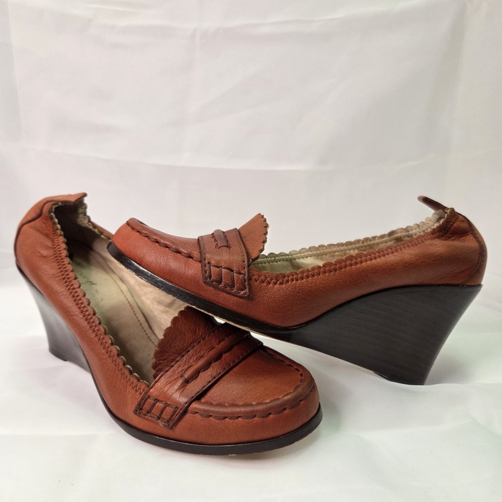 Dani Black Vtg Brown Leather Wedge Penny Loafers 7M Academia Witchy Cottagecore